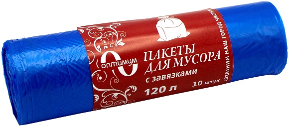 Мешки мусорные ПНД 120л  (20) С завязкой в рулонах (по 10 шт) (голубой) Оптимум (х1/36) [упаковка]