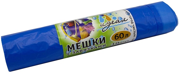 Мешки мусорные ПНД 60л 60x70см (23) С  завязкой в рулонах (по 10 шт) (голубой) Идеал (х1/45) [упаковка]